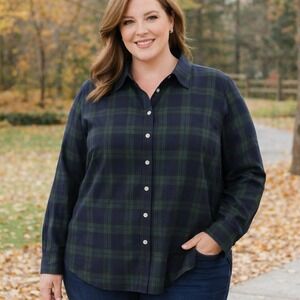 Talbots Plus Size 2X Plaid Button Down Shirt Long Sleeve Cotton Navy Green NWT